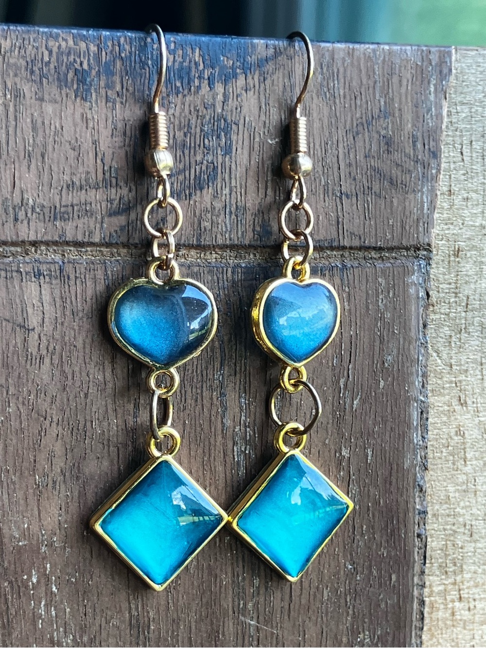 Teal and Silver heart dangle earrings with gold accent - Picture 7 of 8